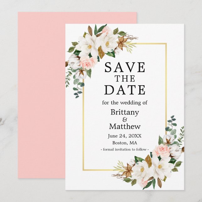 Watercolor Magnolias Roses Gold Frame Pink Save The Date (Front/Back)