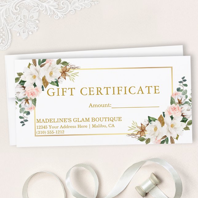 Watercolor Magnolias Roses Gold Gift Certificate (Customize to change text size, style, color or to add text to back of certificate.)