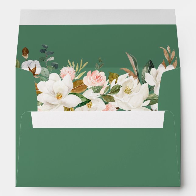 Watercolor Magnolias Roses Green Wedding Envelope (Back (Bottom))