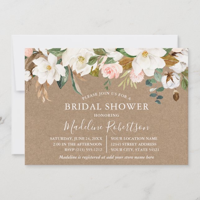 Watercolor Magnolias Roses Kraft Bridal Shower Invitation (Front)