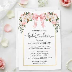 Watercolor Magnolias Roses Pink Bow Bridal Shower  Invitation