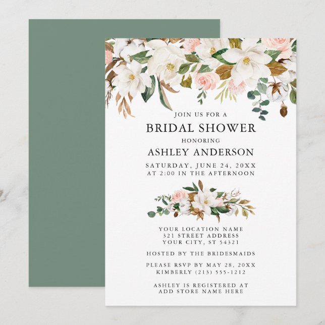 Watercolor Magnolias Roses Sage Green Shower Invitation (Front/Back)