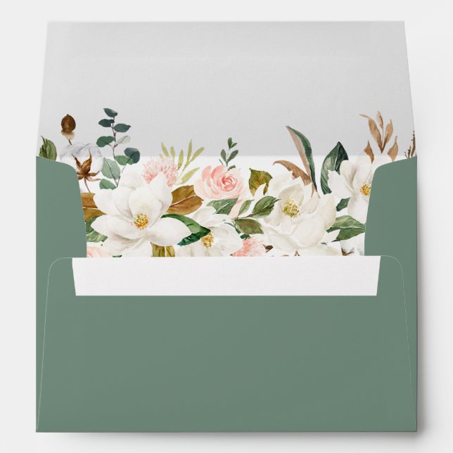 Watercolor Magnolias Roses Wedding Sage Green Envelope (Back (Bottom))