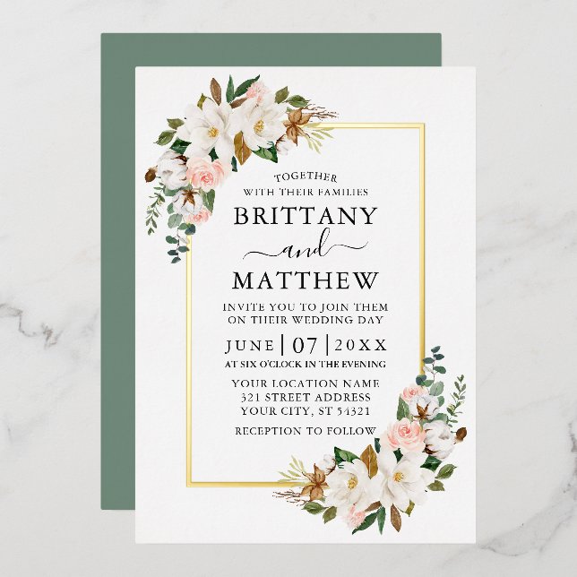 Watercolor Magnolias Roses Wedding Sage Green Gold (Front/Back)