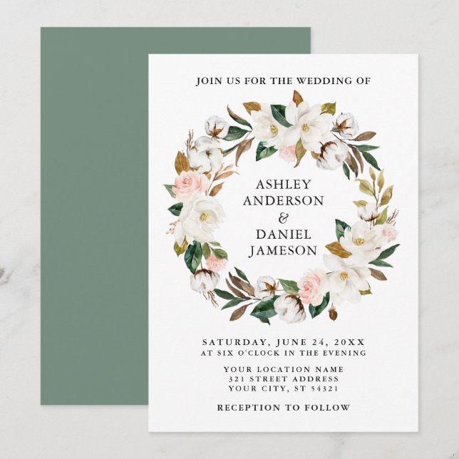 Watercolor Magnolias Roses Wreath Sage Green Invitation (Front/Back)