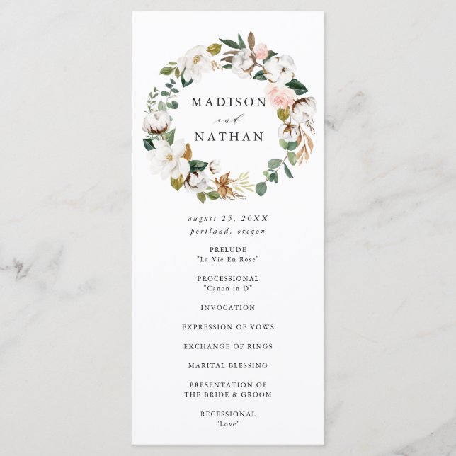 Watercolor Magnolias | Wedding Ceremony Program (Front)