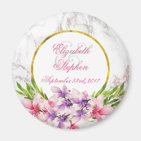 Watercolor Magnolias, White Marble Texture Wedding