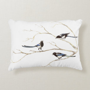  Watercolor Magpie Bird Family Chatting in Tree Accent Pillow