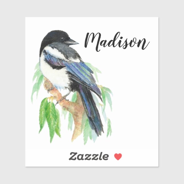 Watercolor Magpie Bird Nature Custom Name (Sheet)