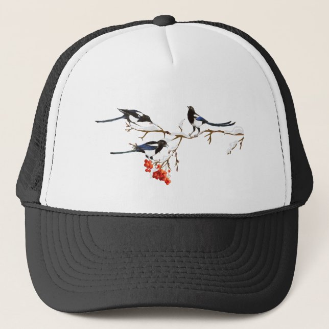 Watercolor Magpie Bird Wildlife Nature Art Trucker Hat (Front)