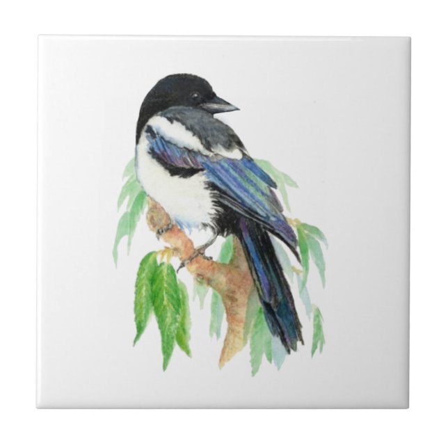 Watercolor Magpie Bird & Willow Tree Tile (Front)