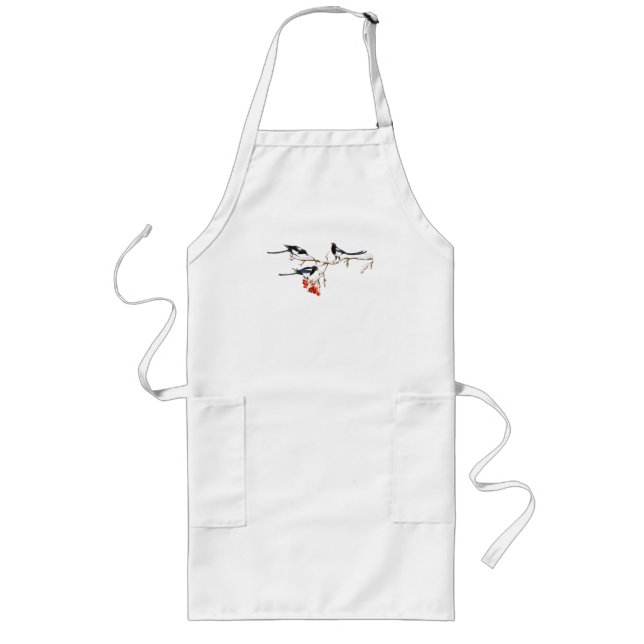 Watercolor Magpie Birds Nature Art Long Apron (Front)