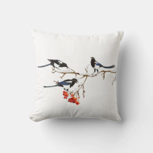 Watercolor Magpie Birds Nature Art  Throw Pillow