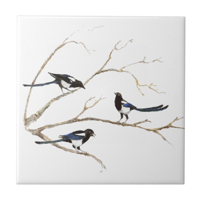 Watercolor Magpie Family Birds in Tree Tile (Front)