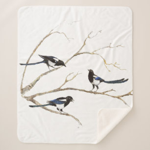 Watercolor Magpie Garden Bird Wildlife Art Sherpa Blanket