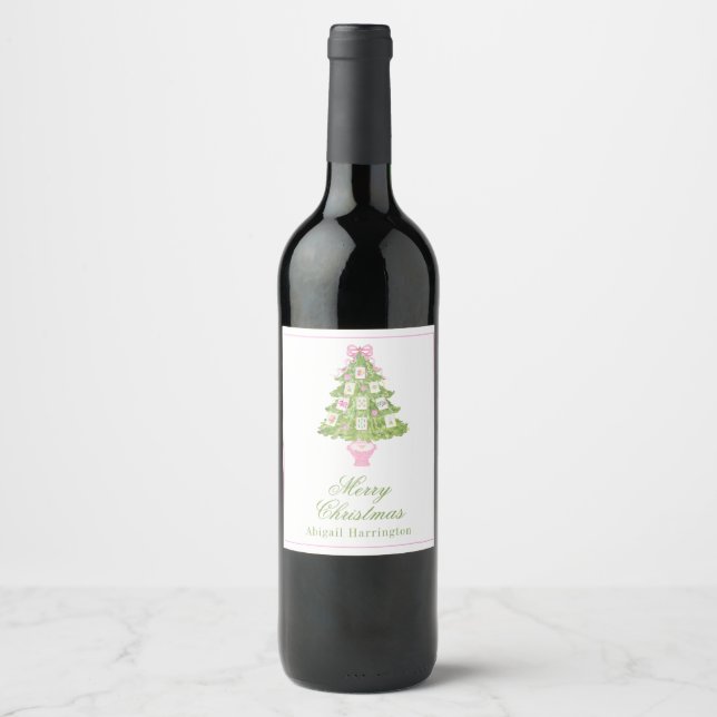 Watercolor Mahjong Christmas Tree Wine Label (Front)
