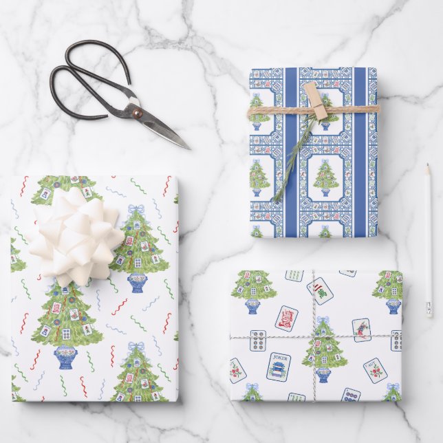 Watercolor Mahjong Christmas Tree Wrapping Paper Sheet (Front)