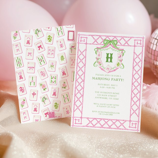 Watercolor Mahjong Monogram Crest Bamboo Party Invitation (Creator Uploaded)