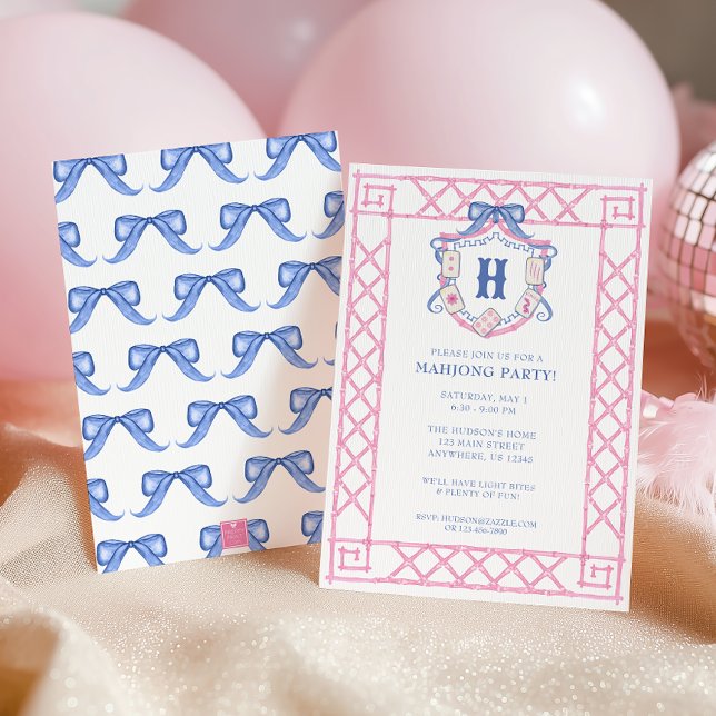 Watercolor Mahjong Monogram Crest Bamboo Party Invitation (Creator Uploaded)