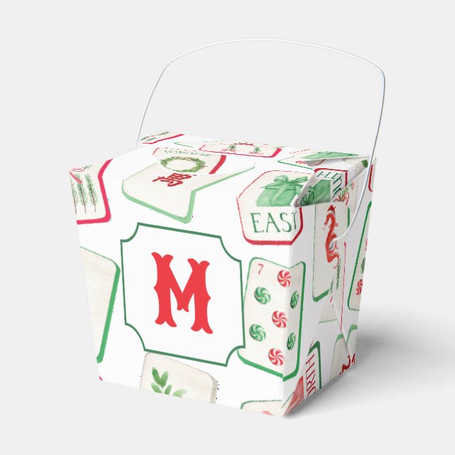 Watercolor Mahjong Red & Green Christmas  Monogram Favor Box (Front Side)