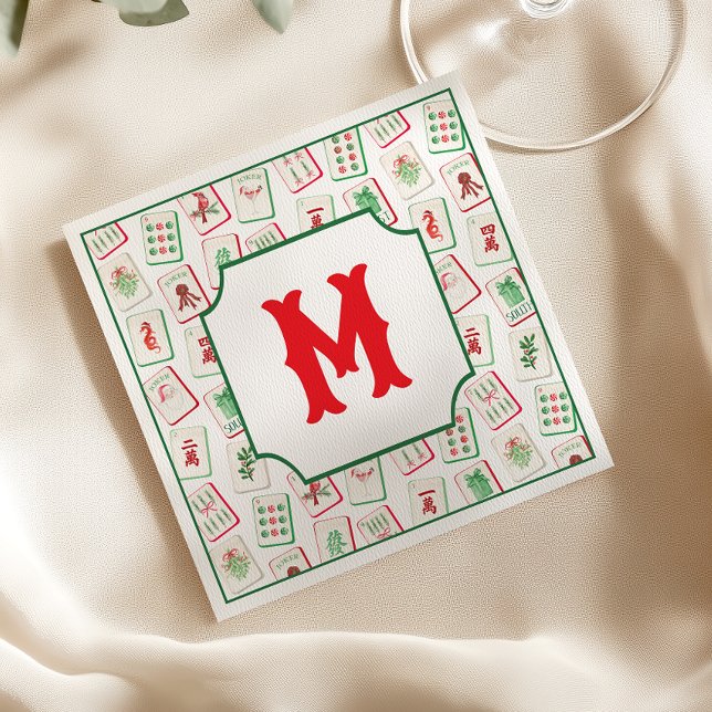 Watercolor Mahjong Red & Green Christmas  Monogram Napkin (Creator Uploaded)