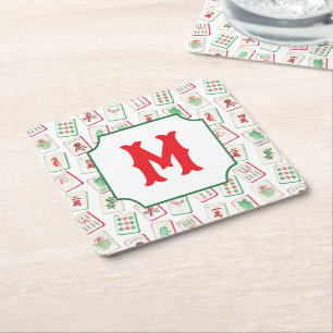 Watercolor Mahjong Red & Green Christmas  Monogram Square Paper Coaster