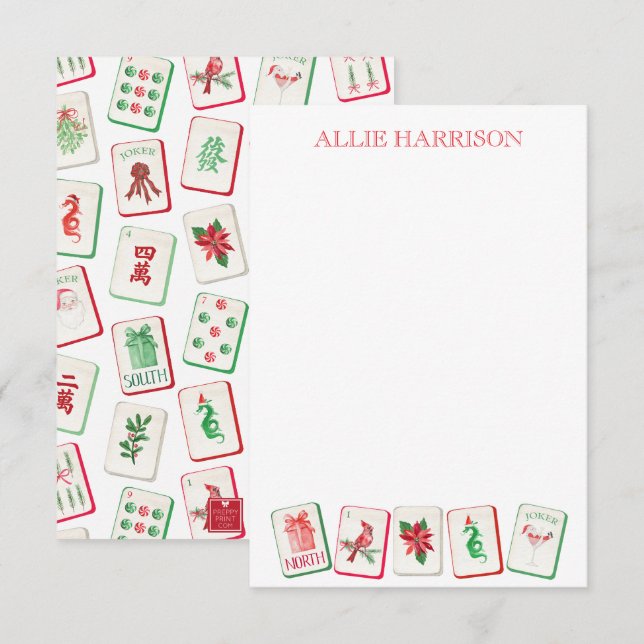 Watercolor Mahjong Red & Green Christmas Tiles Card (Front/Back)