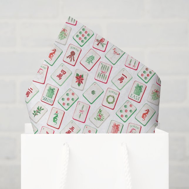 Watercolor Mahjong Red & Green Christmas Tiles Tissue Paper (Gift Bag)