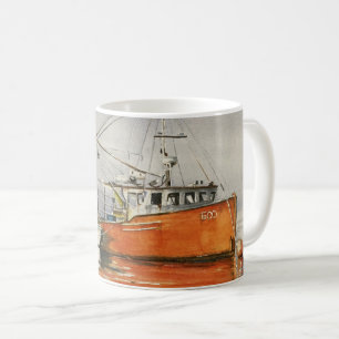 Watercolor Maine Fishing Boat Ocean Orange Grey  Coffee Mug