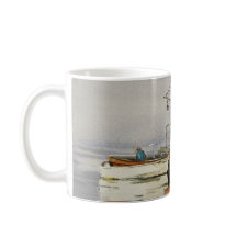 Watercolor Maine Fishing Boat Ocean Orange Grey 