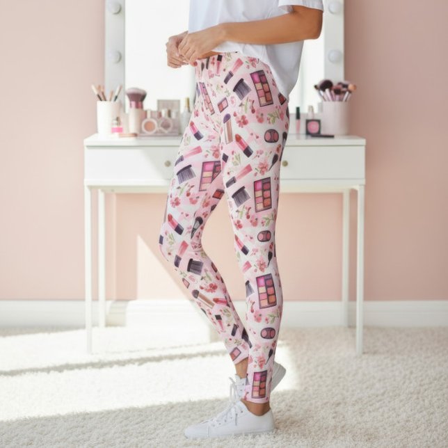 Watercolor Makeup Pattern with Pink Florals Leggings (Creator Uploaded)
