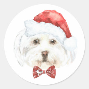 Watercolor Maltese in Santa Hat Christmas Classic Round Sticker