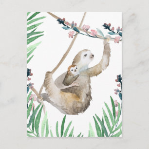 Watercolor Mama and Baby Sloth Postcard