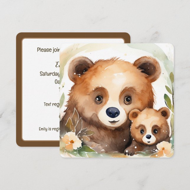 Watercolor Mama Bear and Baby  Invitation (Front/Back)