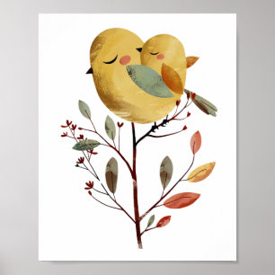 Watercolor Mama Bird& Chick Whimsical Nursery Room Poster