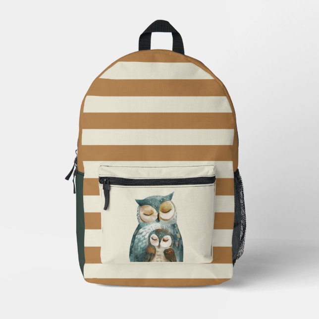  Watercolor Mama Owl& Owlet Brown Stripe Pattern Printed Backpack (Front)