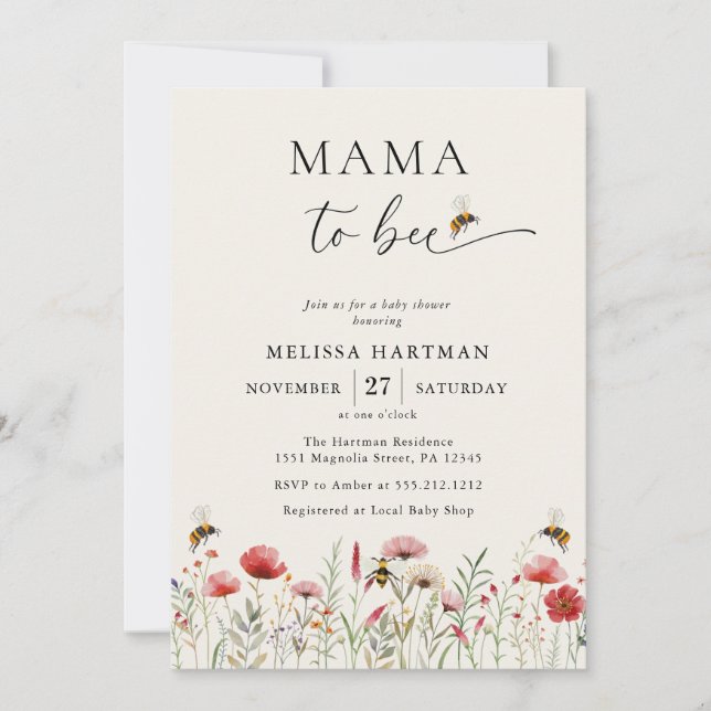 Watercolor Mama to Bee Wildflower Baby Shower Invitation (Front)