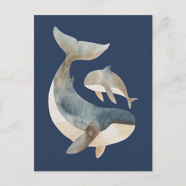 Watercolor Mama Whale& Calf Cute Navy Blue Postcard (Front)