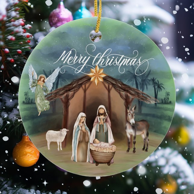 Watercolor Manager Nativity Christmas Monogram Ceramic Ornament (Creator Uploaded)
