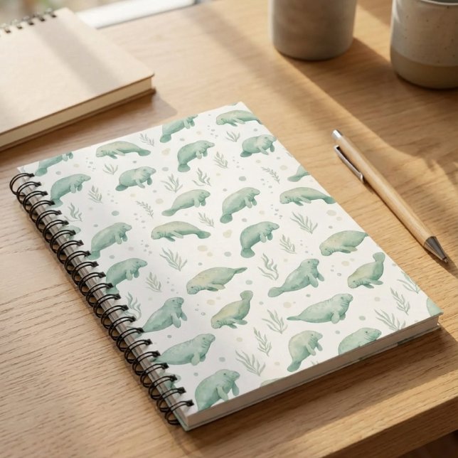 Watercolor Manatee Notebook (watercolor spiral notebook with manatee pattern on wooden desk)
