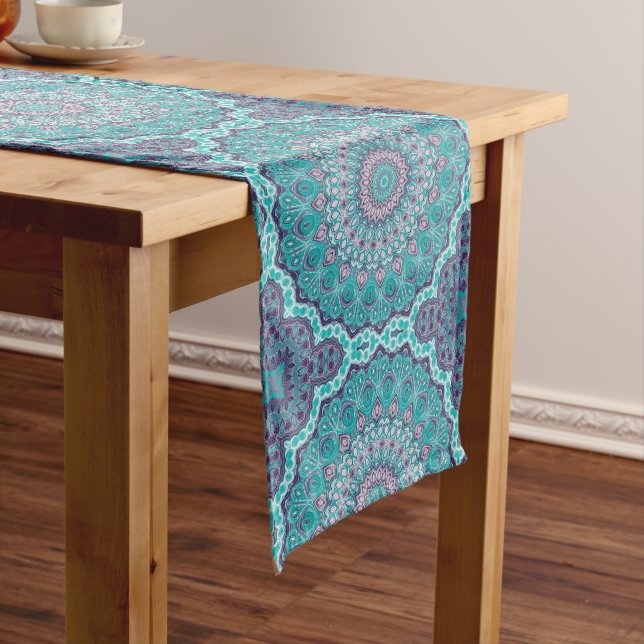 Watercolor Mandala in Teal and Purple Medium Table Runner (In Situ)