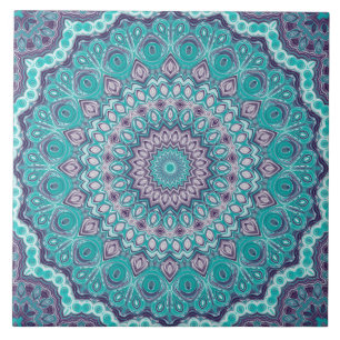 Watercolor Mandala in Teal and Purple Tile