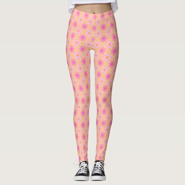 Watercolor Mandala Pink Orange Floral Leggings (Front)