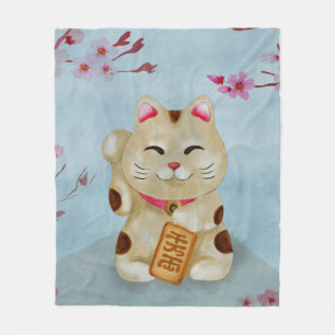Watercolor Maneki-neko cat under flowering sakura Fleece Blanket