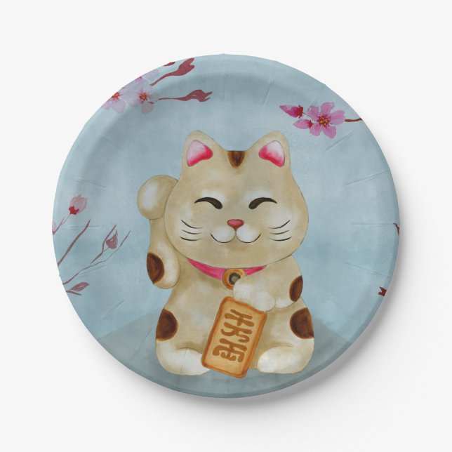 Watercolor Maneki-neko cat under flowering sakura Paper Plate (Front)