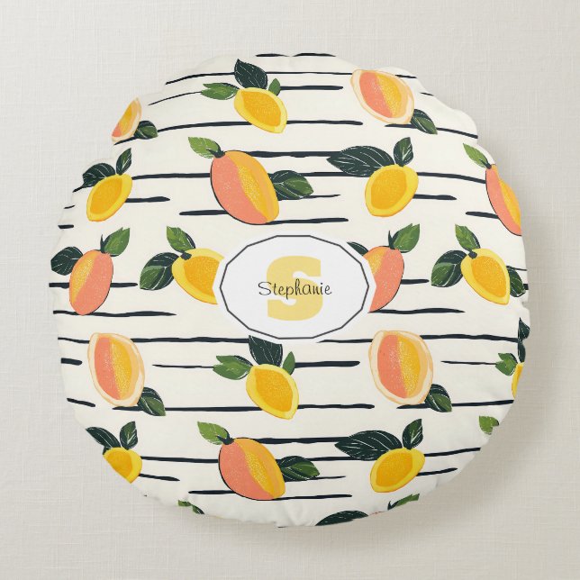 Watercolor Mango Pattern with Green Leaves (2) Round Pillow (Front)