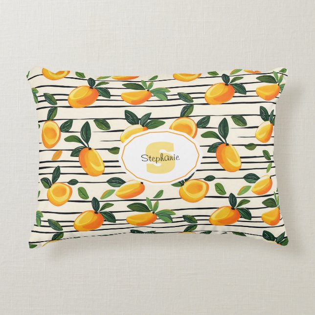 Watercolor Mango Pattern with Green Leaves Accent Pillow (Front)