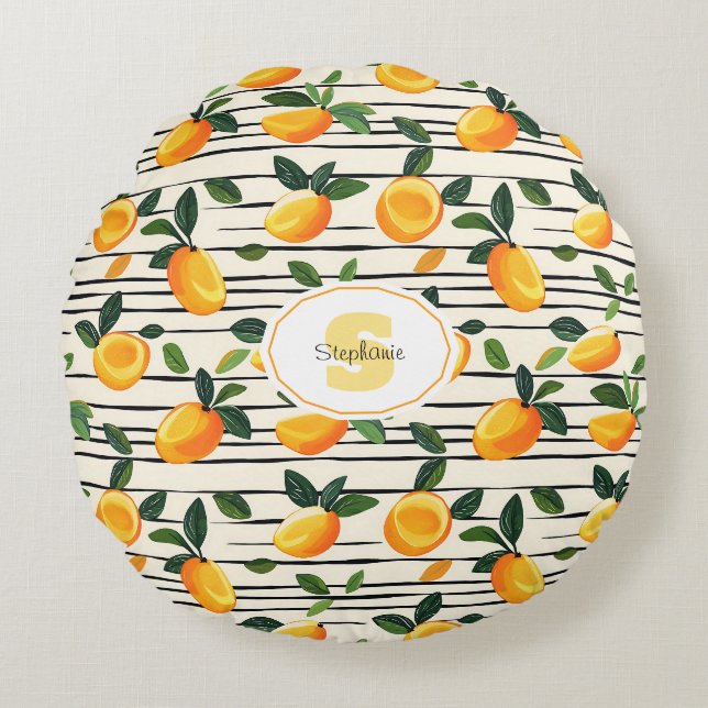 Watercolor Mango Pattern with Green Leaves Round Pillow (Front)