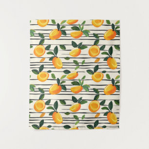 Watercolor Mango Pattern with Green Leaves Tapestry