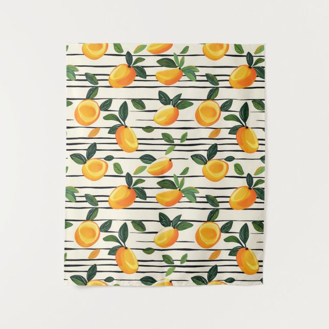 Watercolor Mango Pattern with Green Leaves Tapestry (Front)
